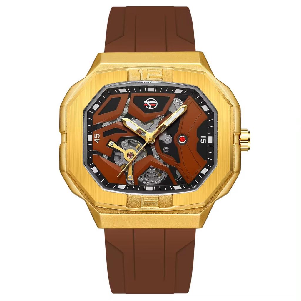 Forsining Mens Skeleton Automatic Self Wind Mechanical Movement Watches Waterproof Luminous Square Dial Silicone Strap Wrist Watch
