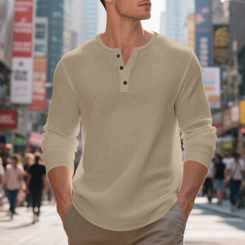Men's Jacquard Small Square Buckle Henley Long Sleeve Retro Base T-shirt