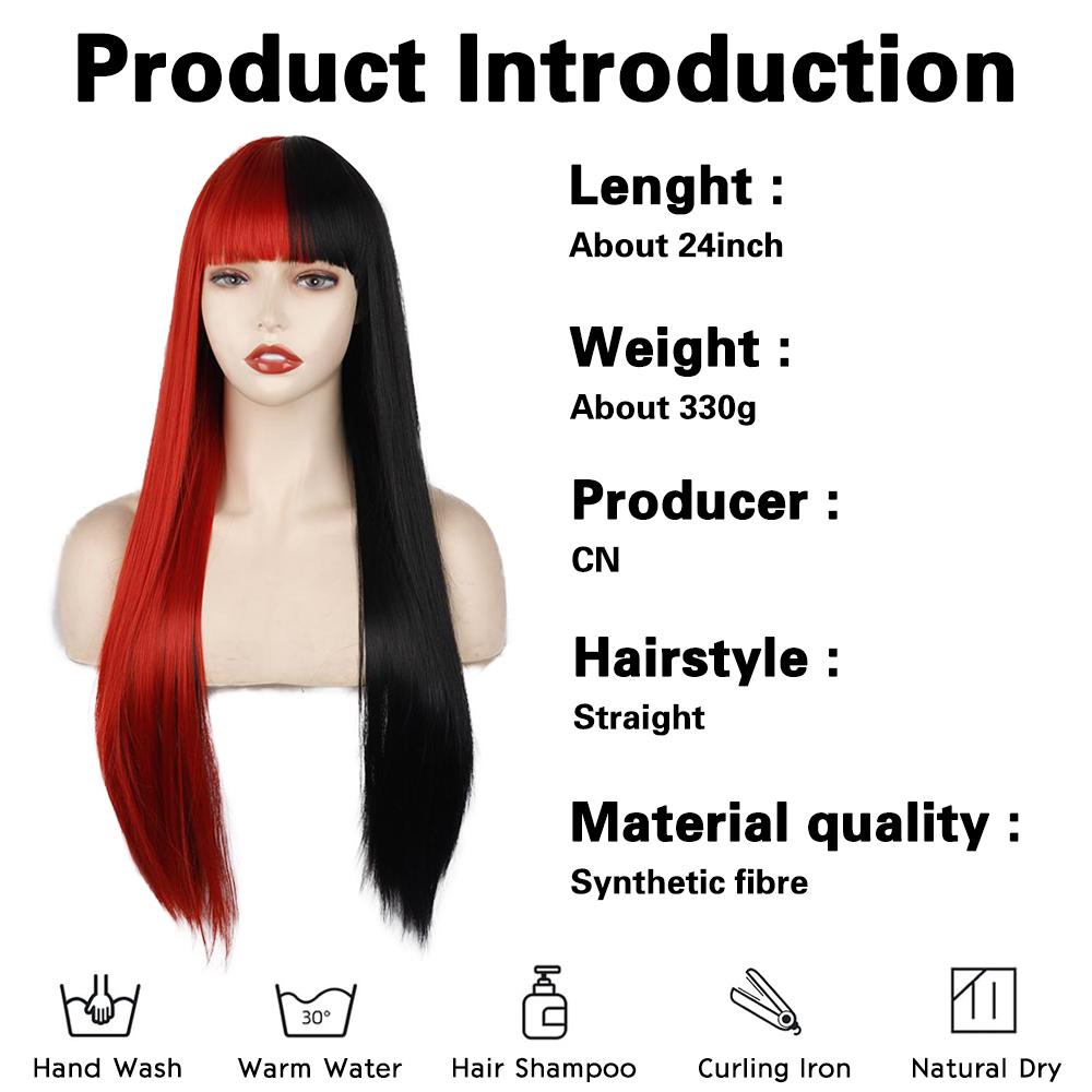 LISI HAIR Synthetic Long Straight 2 Tone Half Black Half Red Wig With Bangs Extension Fiber Wig For Women Girds Daily Cosplay Party Wear