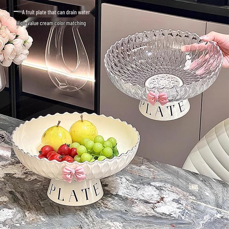 Elegant High-Footed Fruit Basket and Snack Plate with Large Capacity - Cream Style