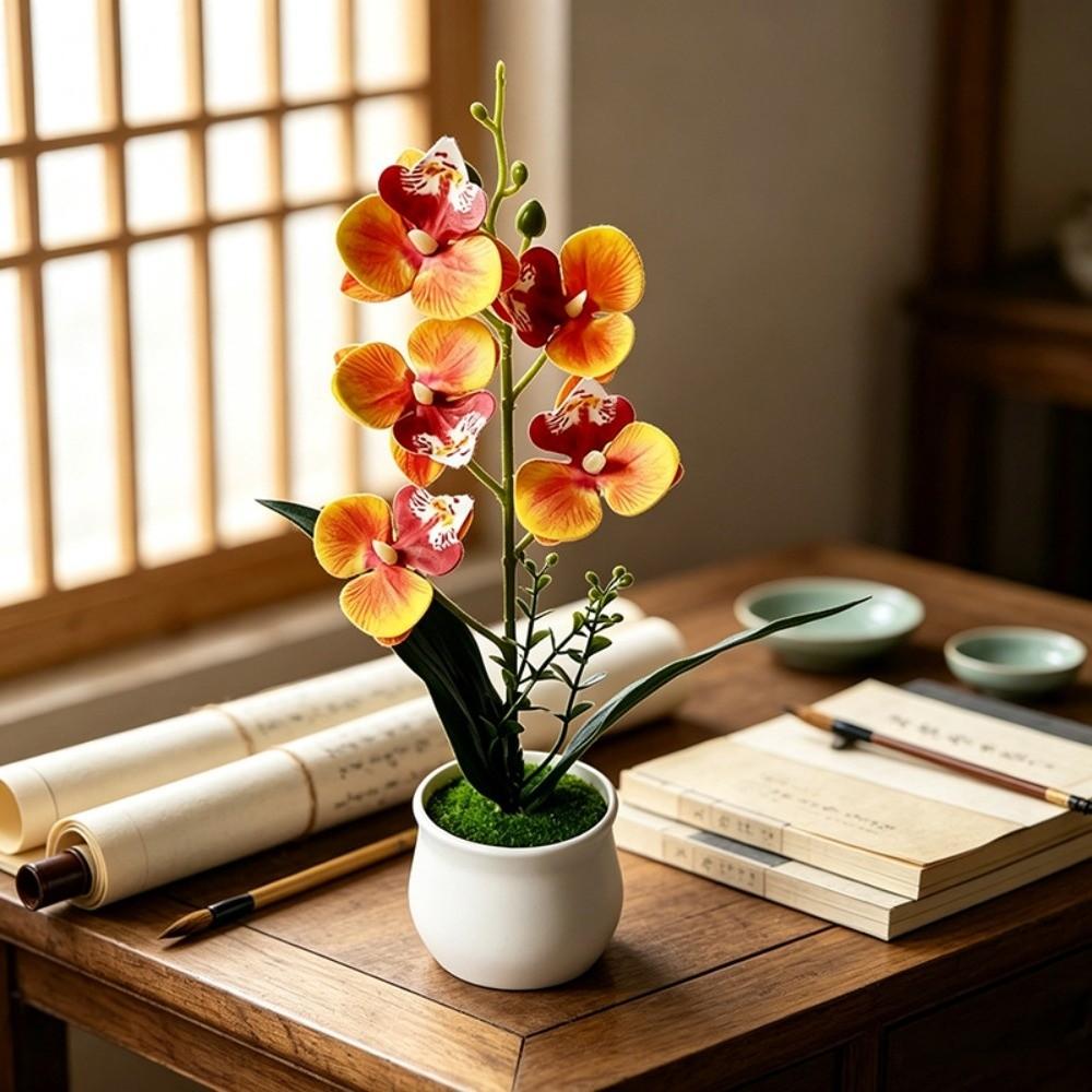 5 Heads Artificial Orchid Potted Flower Pink with White Pot Simulated Flower Butterfly Orchid Potted Plastic Multi-Bloom