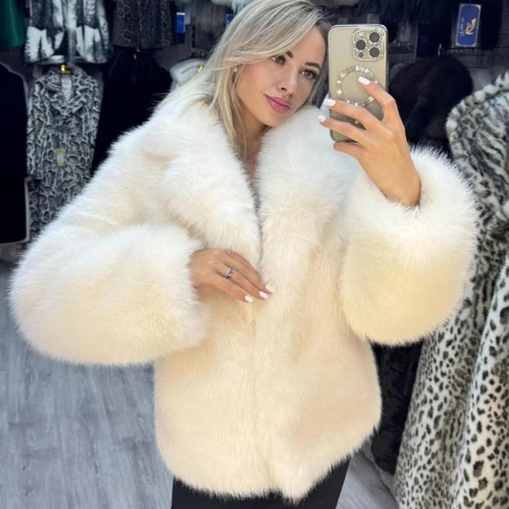 Women Elegant Large Lapel Fox Fur Coat Female Fluffy Casual Long Sleeve Jacket Autumn Winter Thick Warm Faux Fur Coat