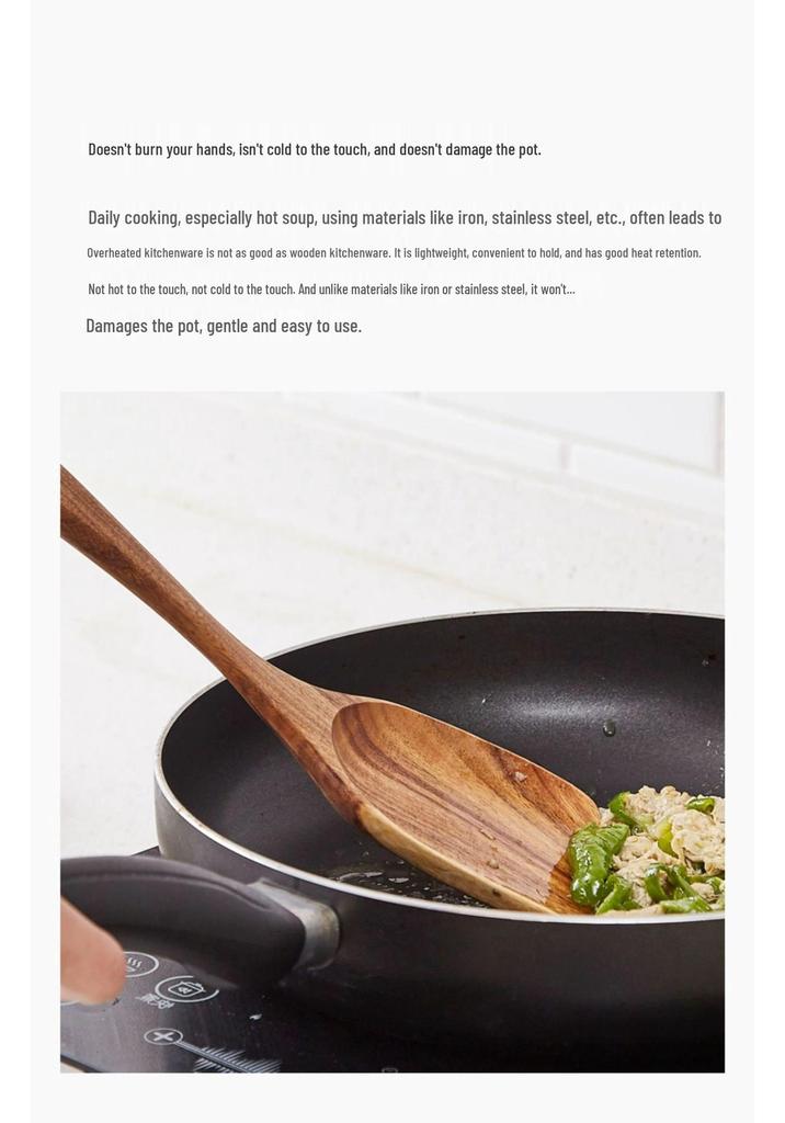 Teak Non-Stick Long-Handle Solid Wood Pan and Acacia Wood Kitchenware Set