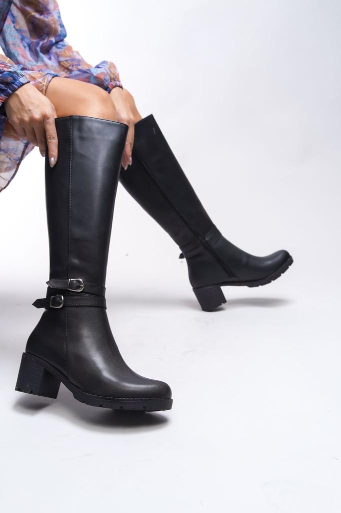 Women Modern Stylish Fashion Boots Boots Faux Leather Zauhilde Buckle Detailed Heeled Boots Black Skin