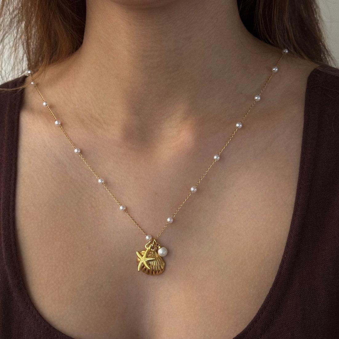 

Boho Gold Color Shell Imitation Pearl Pendant Necklace For Women Trendy Lucky Jewelry Geometric Round Charm Clavicle Chain