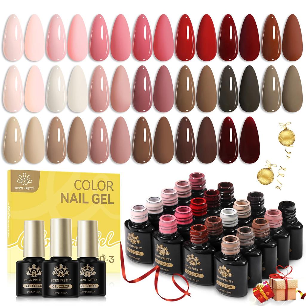 BORN PRETTY 23-Color Gel Nail Polish Set for Autumn/Winter: Brown, Burgundy, Red, Nude, Pink, Base Gel, Glossy & Matte Top Coat Included. Perfect for