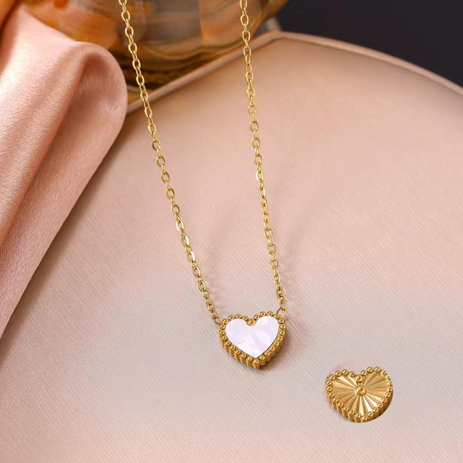 Double-Sided Heart Pendant Necklace: Mother-of-Pearl On One Side, Floral Design On the Other, Stainless Steel Clavicle Chain