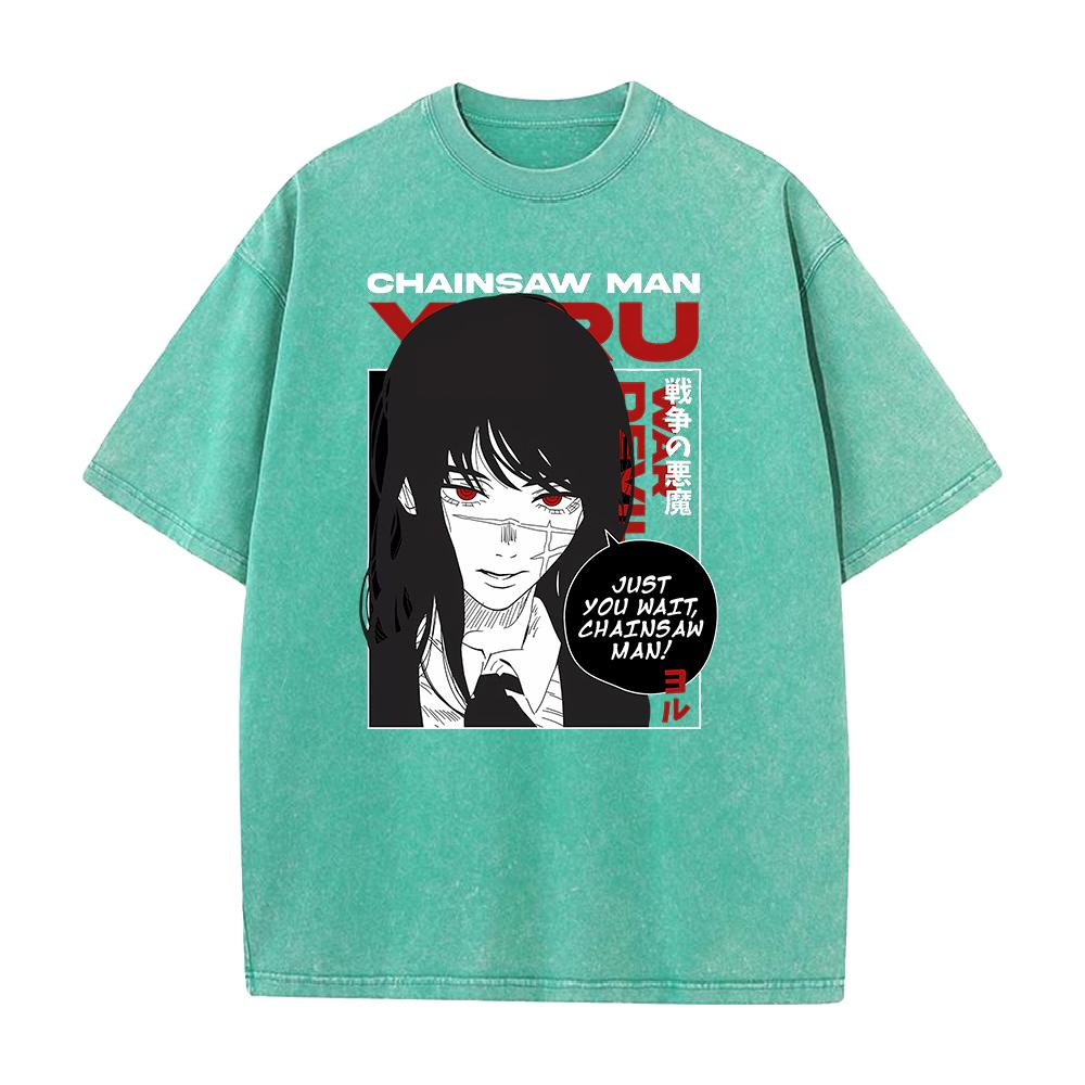 Hot Japanese Yoru Graphic T Shirt Chainsaw Man Anime Vintage Washed T-shirt Men Women Clothes Oversized Polyester Short Sleeve Tee