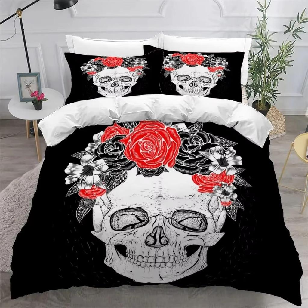 Skull and Beauty Duvet Cover Set Full Size Gothic Sugar Skull Angels and Demons Bedding Set with Pillowcase Twin Double Bed Sets