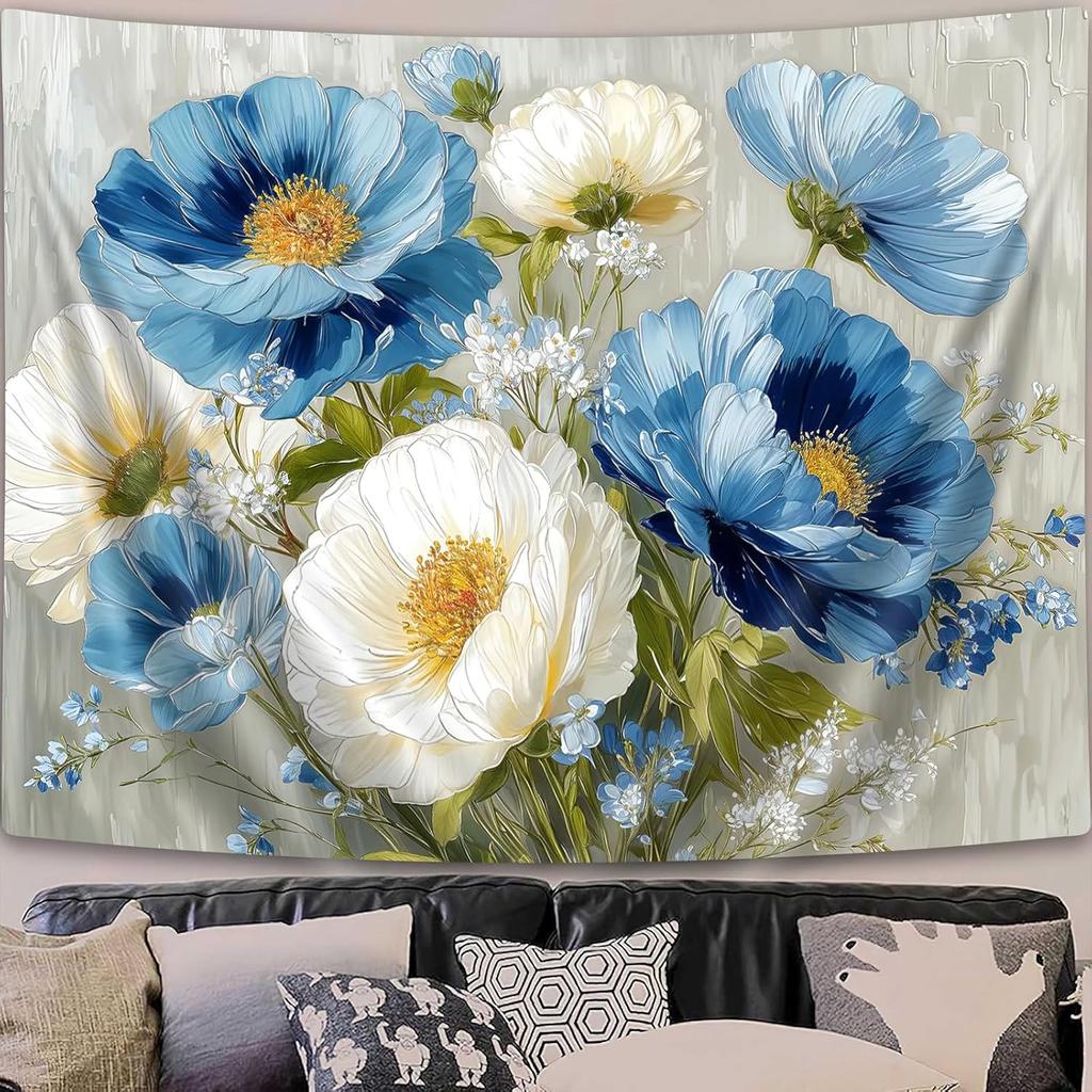 Blue White Floral Tapestry,Natural Aesthetics Elegant Tapestrie,Modern Flower Painting Wall Hanging,Watercolor Aesthetic Art