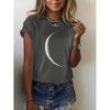 Bending Moon 3D Print Round Neck Short Sleeved T-shirt for Women Tees Breathable Polyester Stretch Comfortable for Everyday