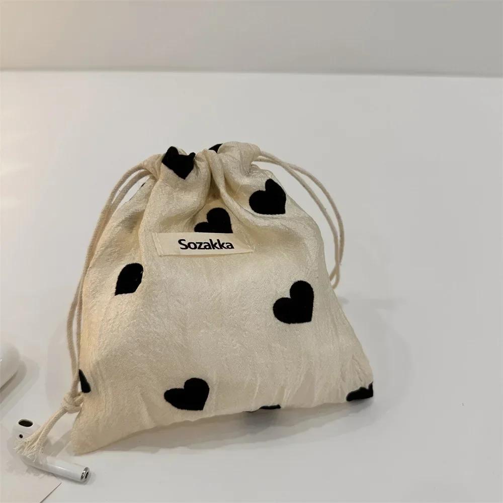 Champagne Love Drawstring Storage Bag Literary Style Polyester Vintage Drawstring Pocket Coin Purse Pull Rope Pouch Case