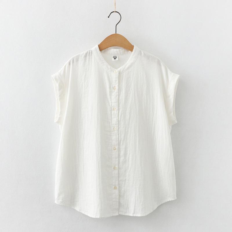 Stand Up Collar Short Sleeved Pure Cotton Double-layer Cotton Soft Glutinous Shirt Sleeveless Flanging Skin Friendly Short Sleeved Shirt
