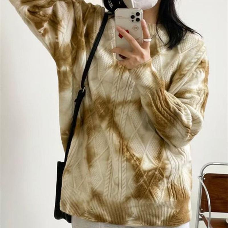 Contrasting Color Tie-dye Design, High-end Round Neck Casual Pullover, Autumn and Winter Large-size Knitted Sweater for Women