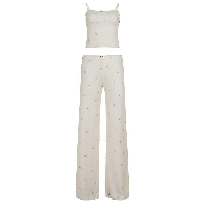 

H Домашняя европейская и американская женская одежда Французский стиль Инс Домашний повседневный костюм Женский цветочный вязаный слинг + Легкие драпированные брюки Yellow L