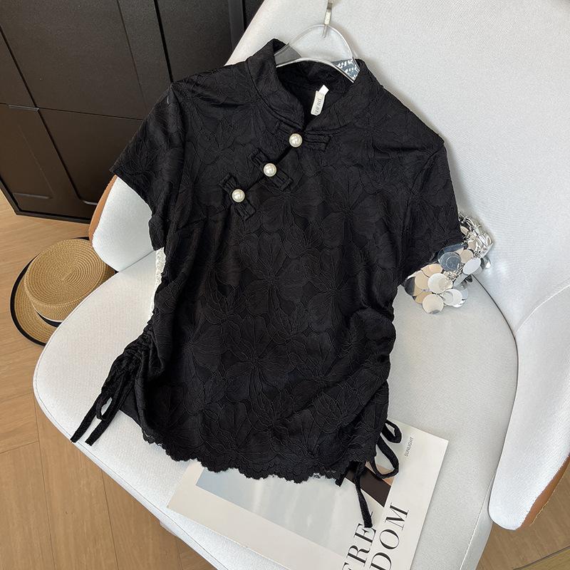 

Хранить самые продаваемые высококачественные жаккардовые вышитые кружевные рубашки с коротким рукавом, застежка-пуговица, шнурок, рубашечный воротник 3XL ([Recommended 138-75kg]) чёрный