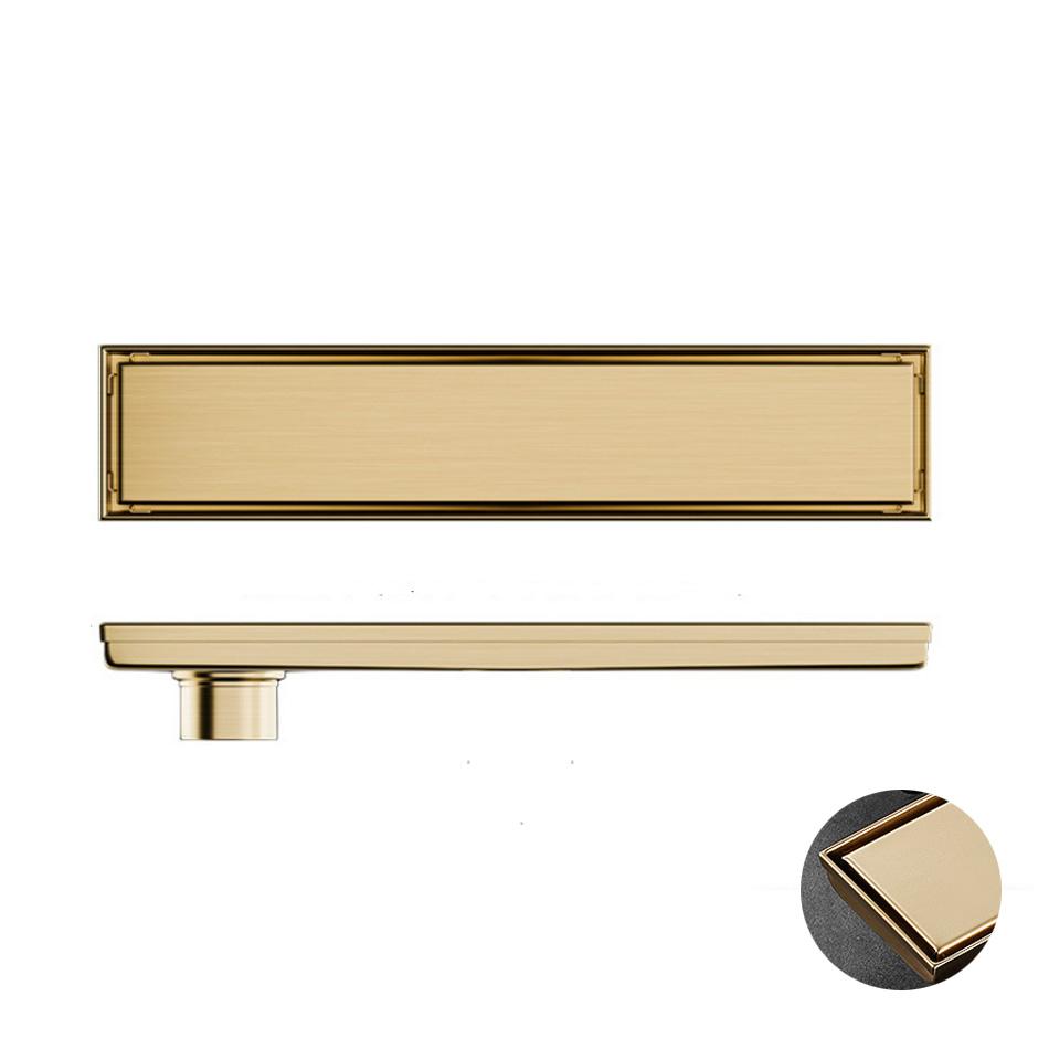 

Злив для душу у ванній кімнаті, Невидимий плитковий, Матовий золото, Чорний, Легкий, Нержавіюча сталь 304, Довгий лінійний дренаж, Бічні підлогові зливи 8.5x30cm