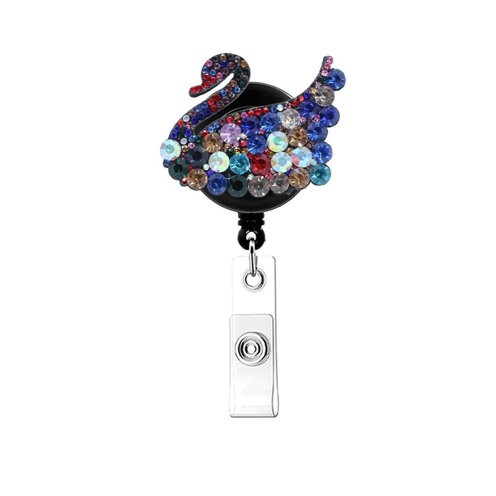 Swan Rhinestone Badge Holder Reliable Swivel Alligator Clip Retractable Badge Reel Convenient Id Holder Reel For Office