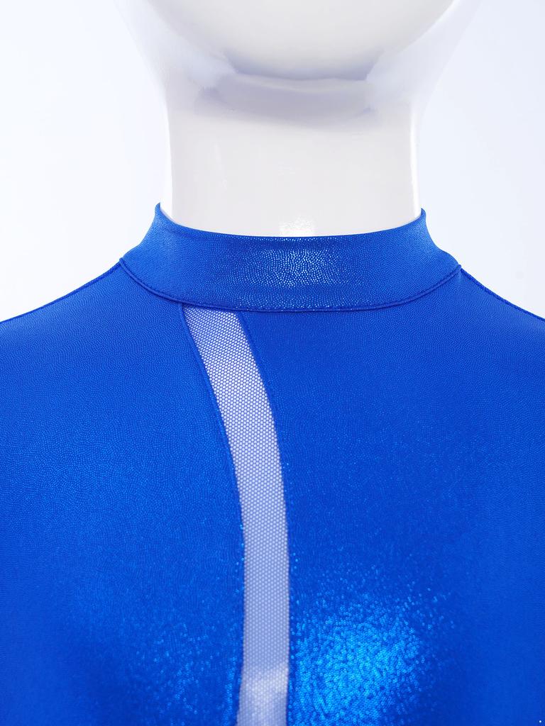 Girls Gymnastics Performance Costume Sheer Mesh Patchwork Wide Leg Metallic Long Sleeve Jumpsuit
