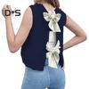 Women Knitted Vest Round Neck Sleeveless Crop Tank Bow Tie Decor Hollow Back Solid Color Short Sweater Vest