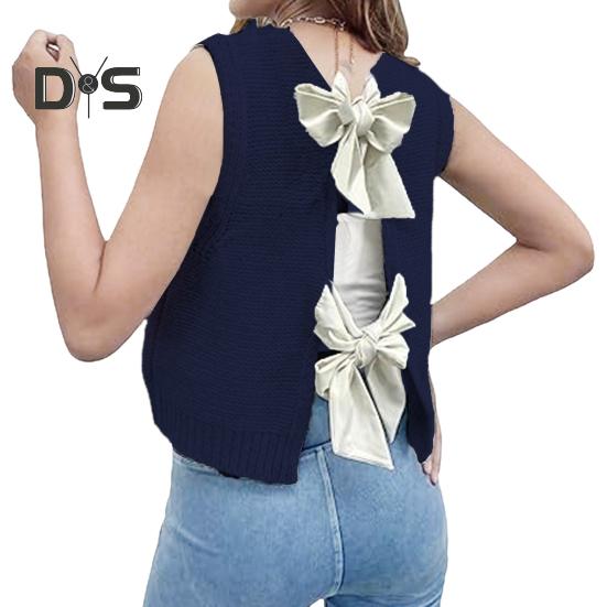 Women Knitted Vest Round Neck Sleeveless Crop Tank Bow Tie Decor Hollow Back Solid Color Short Sweater Vest