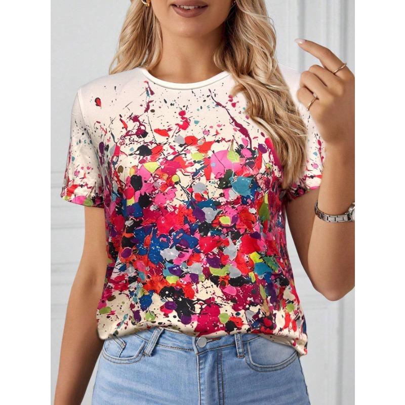 Summer Round Neck 3D Colorful Paint Splatter Print T-shirts Fashionable Casual Short Sleeved Women's T-shirts