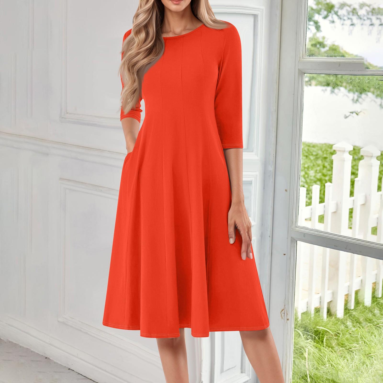 

Women s Casual Fashion Round Neck Three Quarter Sleeve Color Midi Dress XL шафрановий