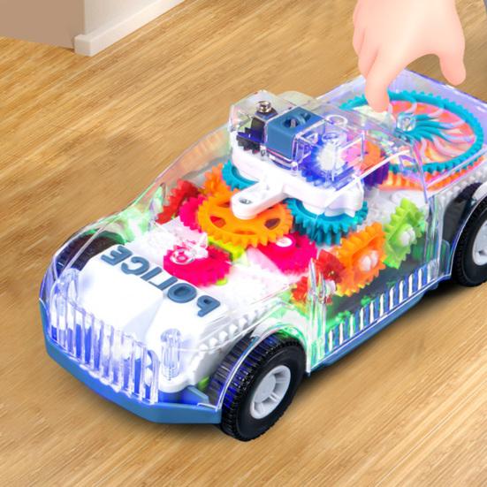 Light Up Toy Car with Universal Wheels Transparent Car Model with Colorful LED Lights Spinning Gears Music Mini Car Sensory Toys for Boys 3+