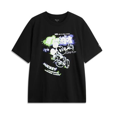 Li Ning Disney Mickey Collaboration Soft Comfortable Breathable Simple Versatile Loose Fit Round Neck Short Sleeve T-Shirt Unisex Tops Black AHSUA79-2