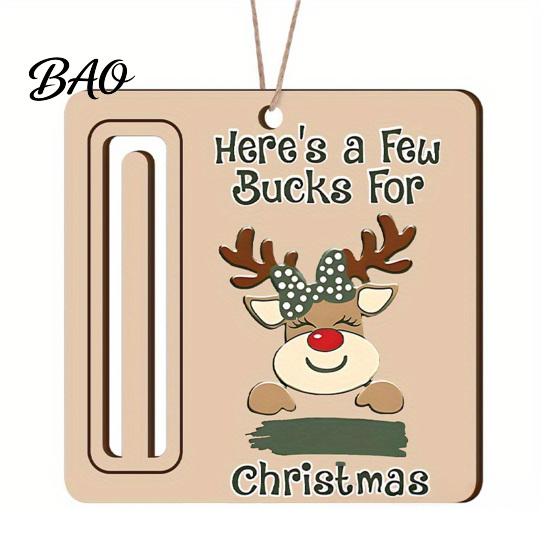 Elk Pattern Xmas Tree Pendants Rustic Santa Reindeer Money Holder Ornament, Wooden Cash Gift Card Holiday Holders Clip with Slot, Christmas
