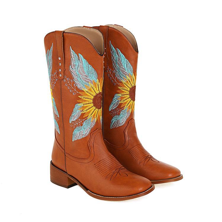 European and American  Retro Embroidered Flower Medium Heel Women's Tall Boots