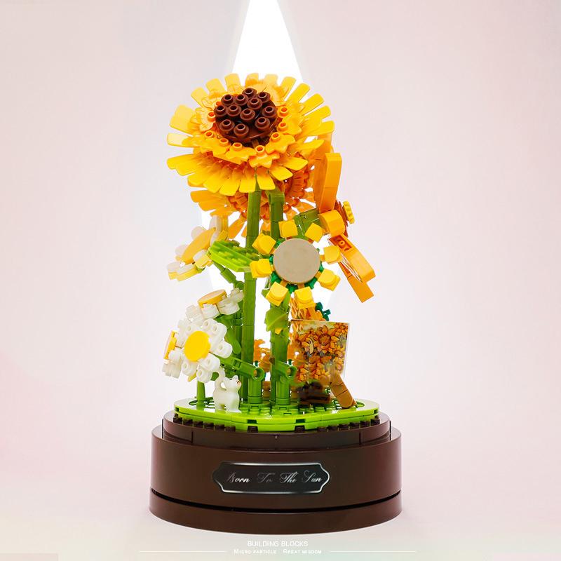 Creative Building Bricks Eternal Flowers Music Box With Dust Cover Chrysanthemum Rose Mini Block Construction Toys For Girl Gift