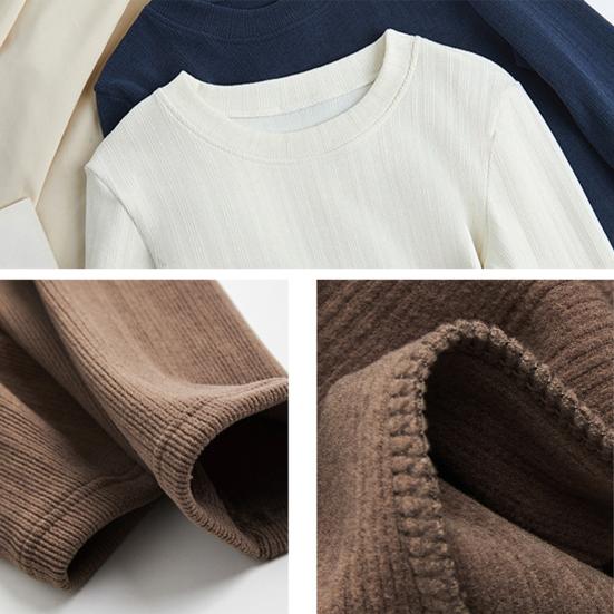 Women Bottom Tops Round Neck Long Sleeve Slim Fit Pullover Tops Solid Color Design Ribbed Texture Tee Shirt