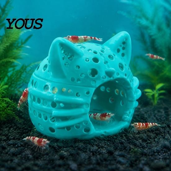 Aquarium Landscaping Decor Shrimp Cave, Cat Head Fish Hideout with Suction Breeding Box Cup, Decorative Cave for Betta Tanks Hiding