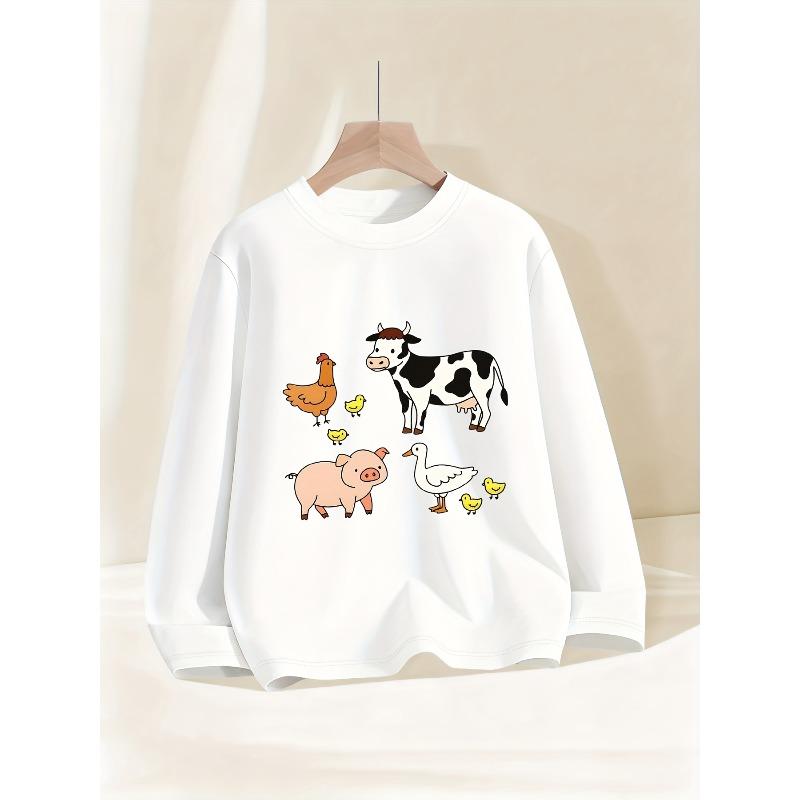 Kids Sweatshirt Autumn Round Neck with Farm Animal Print, Comfortable Casual Top,Spring Fall Sweatshirt