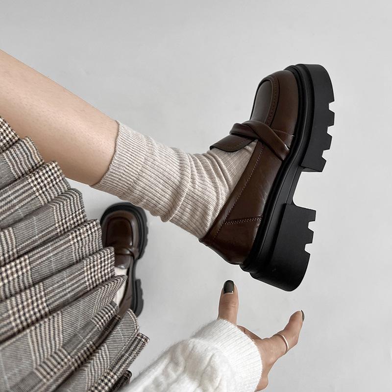 Fashion Commuter Black Heightened Platform Small Leather Shoes Women's 2025 New Autumn and Winter One-pedal British Style Loafers