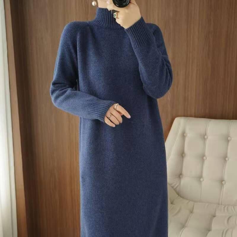 Women's Mid-Length Winter Sweater Dress 2024 - High Collar, Loose-Fit, Over-the-Knee Knitted Style