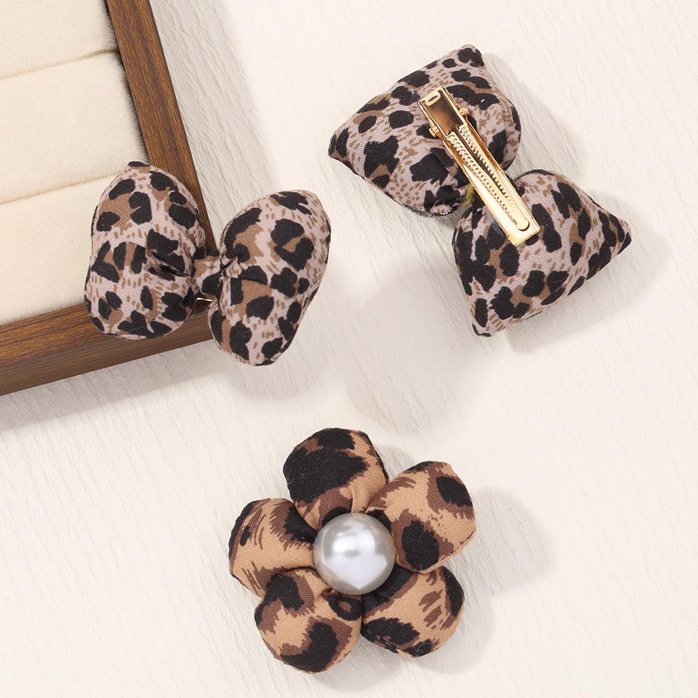 New Korean Pearl Leopard Print Padded Flower Hair Clip with Bow