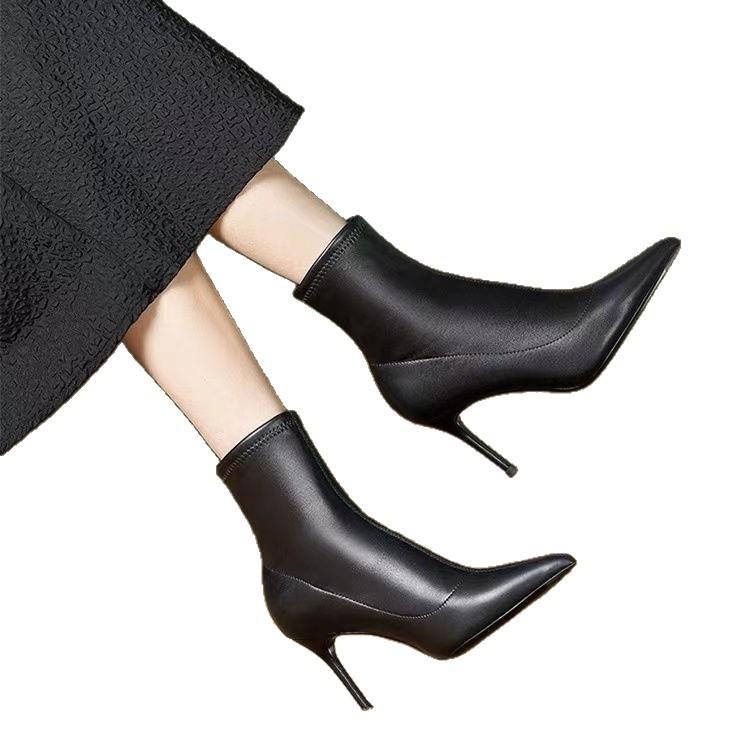 White small short boots women's 2025 new autumn and winter thin boots pointed high heels beige French European and American stiletto boots