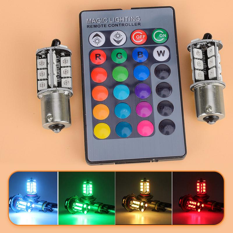 

Універсальні 5W 2 шт. 1156 BA15S P21W 382 27SMD 5050 RGB LED Лампи/Лампочки Заднього Ходу, Гальмівні, Денні Ходові Вогні, Задні Ліхтарі з Пультом Дистанційного Керування DC 12V