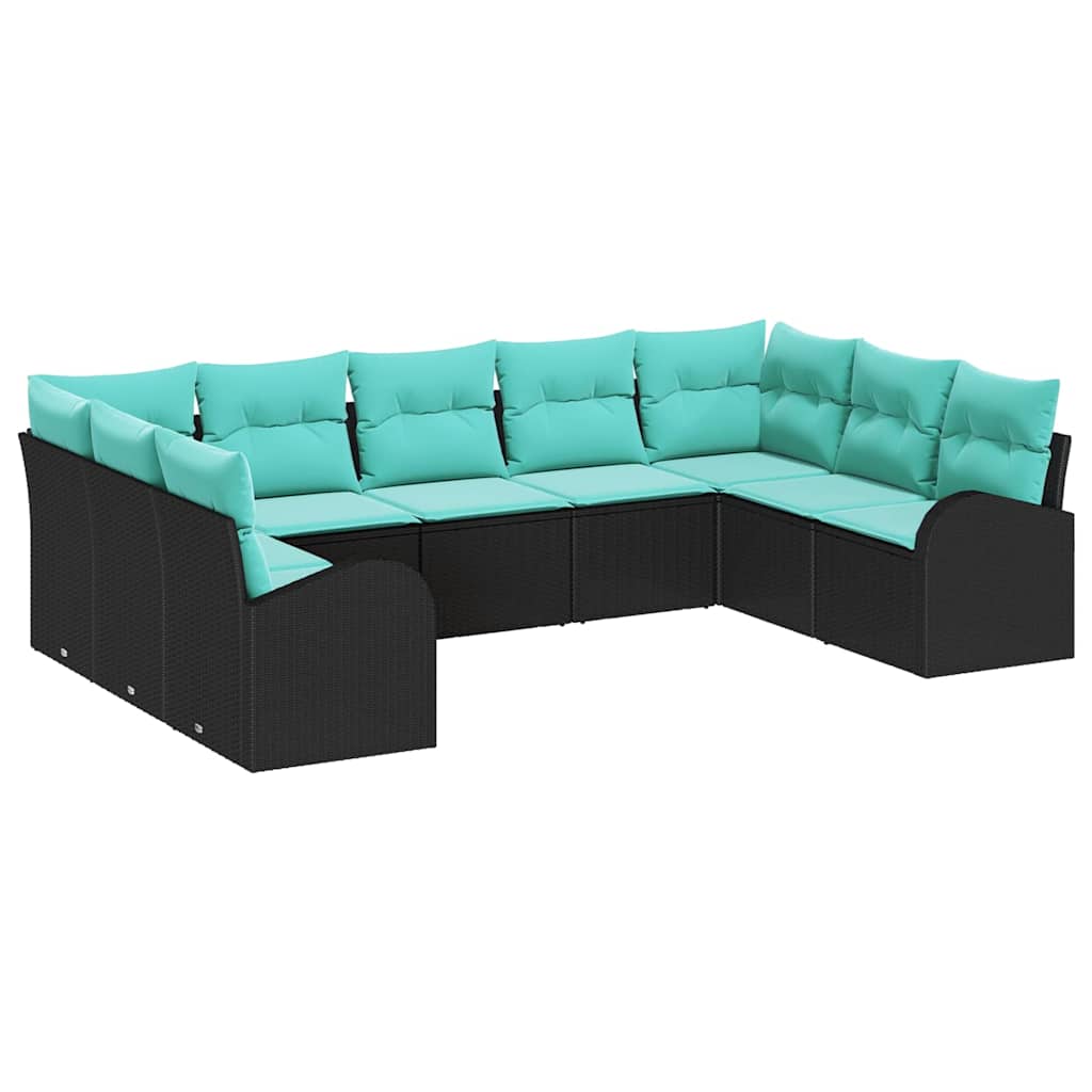 Garden Sofa Set with Cushions 9 pcs Black and Turquoise Poly Rattan