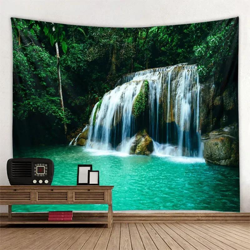 Beautiful Natural Landscape Large Tapestry Forest Waterfall Bohemian Wall Art Decoration Blanket Home Background Cloth Bedspread