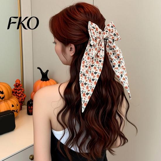 Halloween Hairpin Silky Satin Hair Bows, Big Ribbon Bow Clips, Oversized Long Tail Barrettes, Ghost Pattern Cute Pumpkin Witch Hat Spider Web Hairpins
