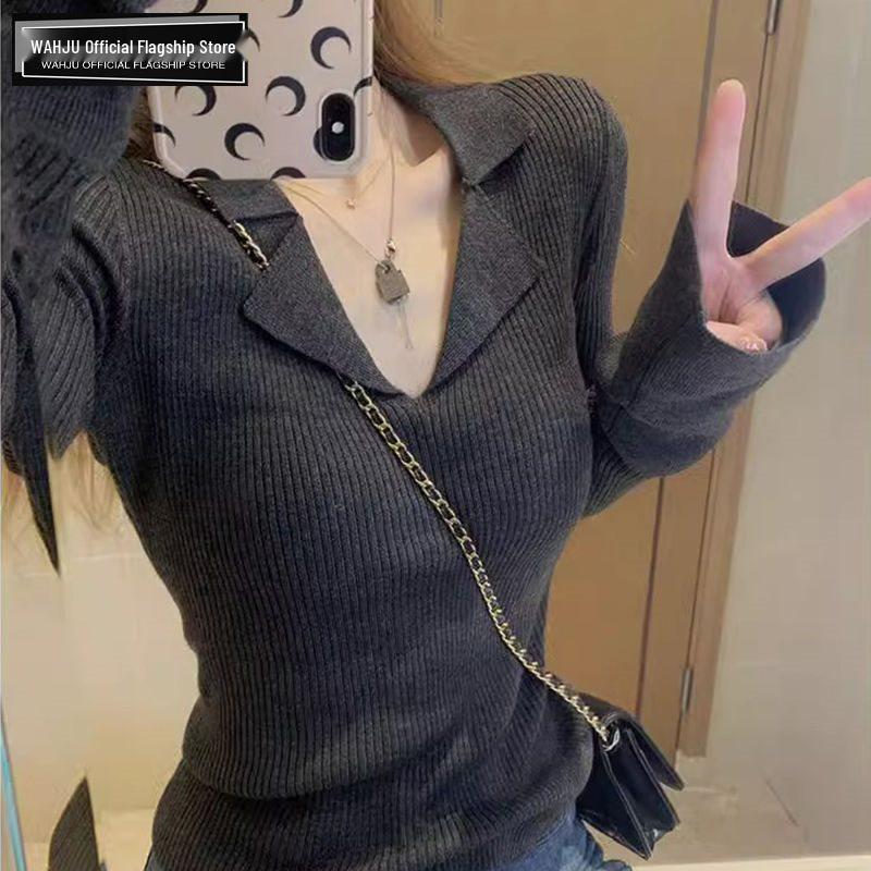 Dámský svetr úzkého střihu s žebrovaným pleteným límcem - Podzim/Zima Korejský styl
