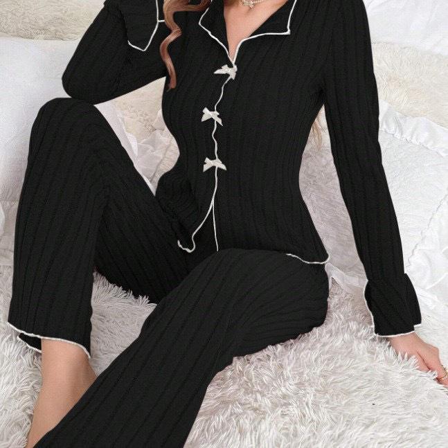 Pigiama da Donna Europeo e Americano Autunno/Inverno con Scollo a Revers e Fiocco - alla Moda, Sexy, Manica Lunga e Pantaloni per la Casa.