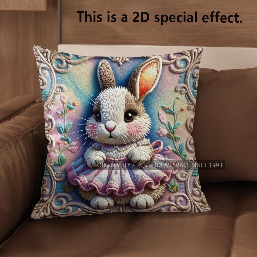2D Cute Bunny Dressed In Floral Dress Cushion Covers Pattern Cushion Cover Suitable For Sofa Bedroom Car Pillow Cover