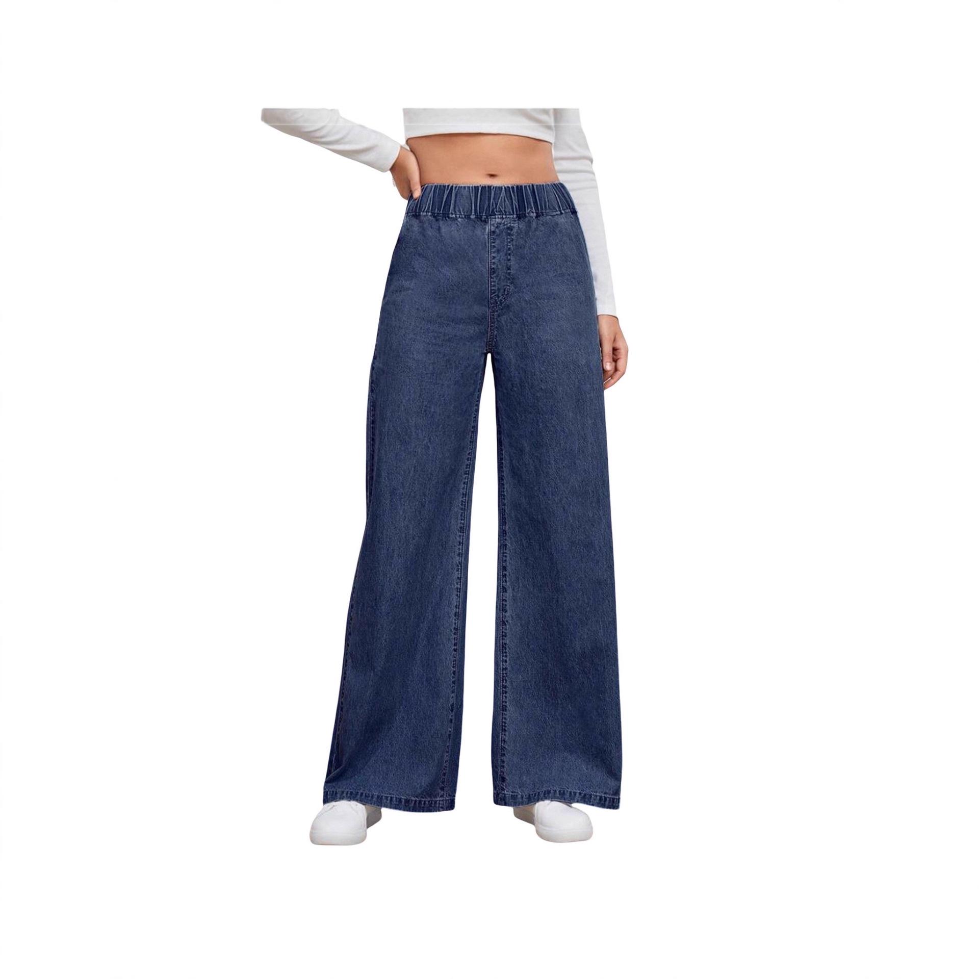Versatile Casual Elastic Waist Wide-Leg Women s Jeans L