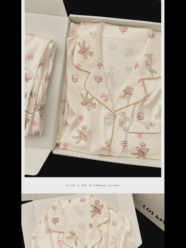 Pyjamas set med kanintryck för vår och höst: Reversblus & Långärmade Byxor