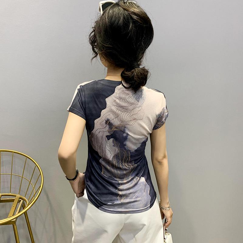 Southeast Asia Europe 2025 Summer Women's Slimming Printed Short Sleeve Top