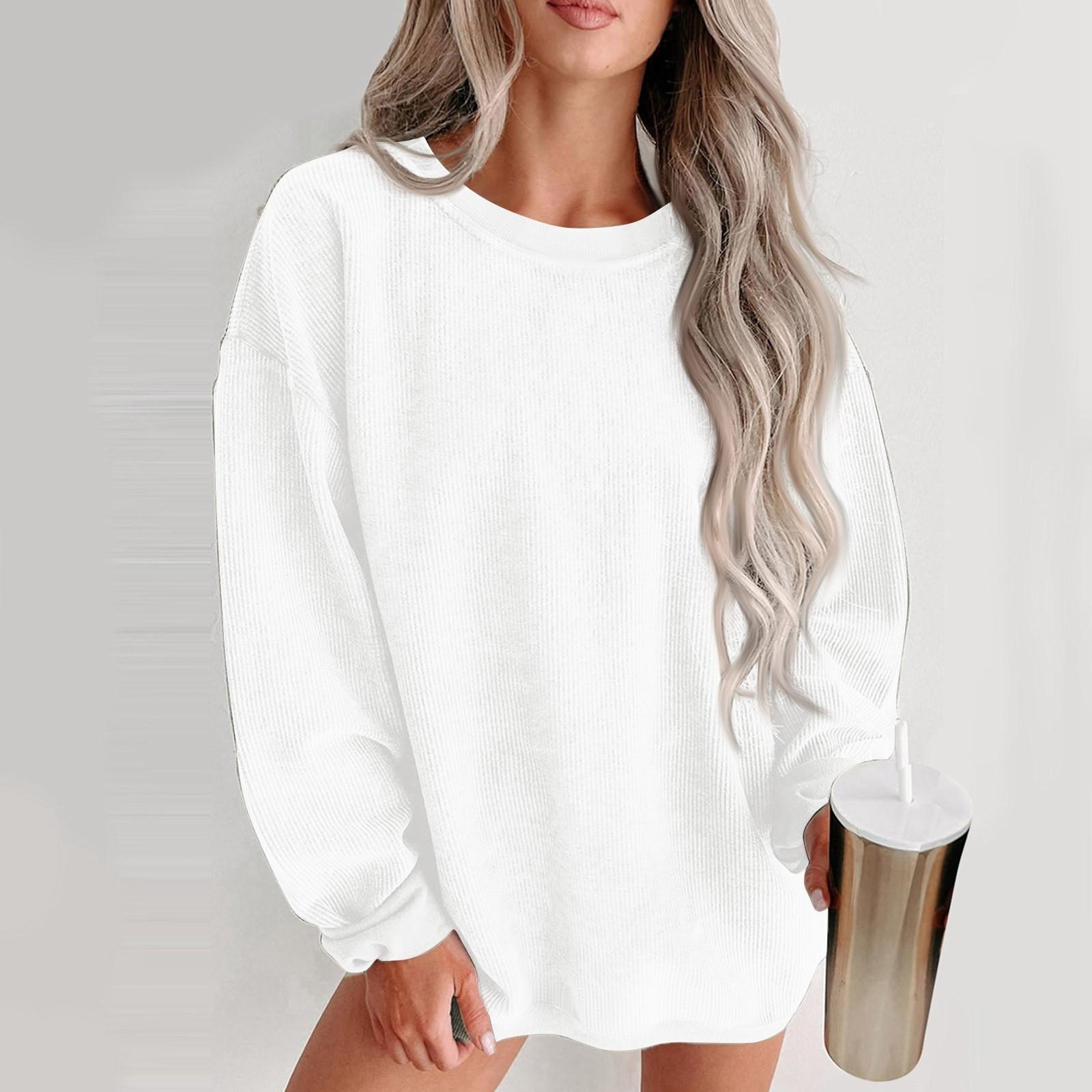 

Женская мода однотонный круглый вырез с длинным рукавом повседневный пуловер свитшот топ S белый